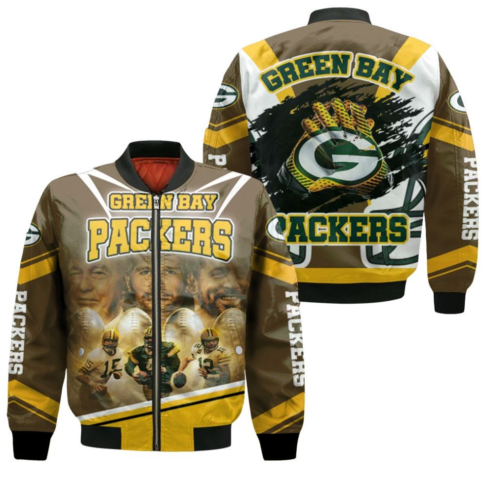 Green Bay Packers Qbs Bart Starr 15 Brett Favre 4 Aaron Rodgers 12 Poster  For Fans Personalized Fleece Bomber Jacket – Teepital – Everyday New  Aesthetic Designs