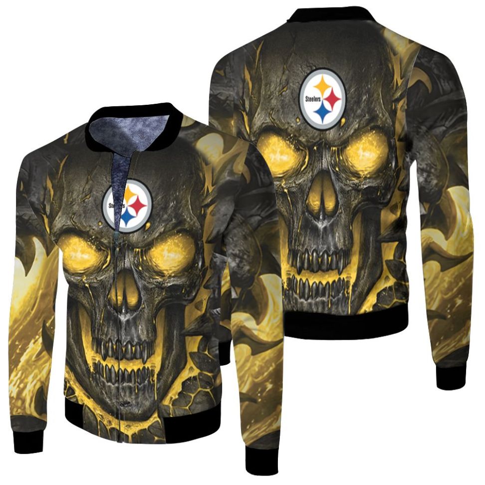 Pittsburgh Steelers Hello Darkness My Old Friend 3d Skull Jersey Fleece Bomber Jacket