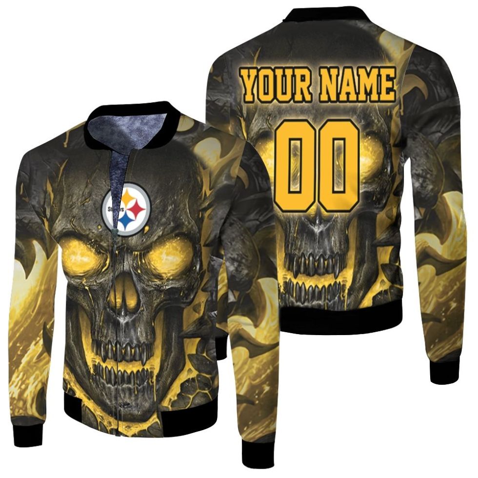 Pittsburgh Steelers Hello Darkness My Old Friend 3d Skull Personalized Fleece Bomber Jacket