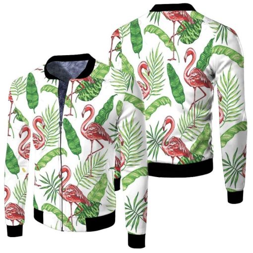 Tropical Seamless Pattern With Pink Flamingo Tropical Jungle Palm Leaves White Fleece Bomber Jacket