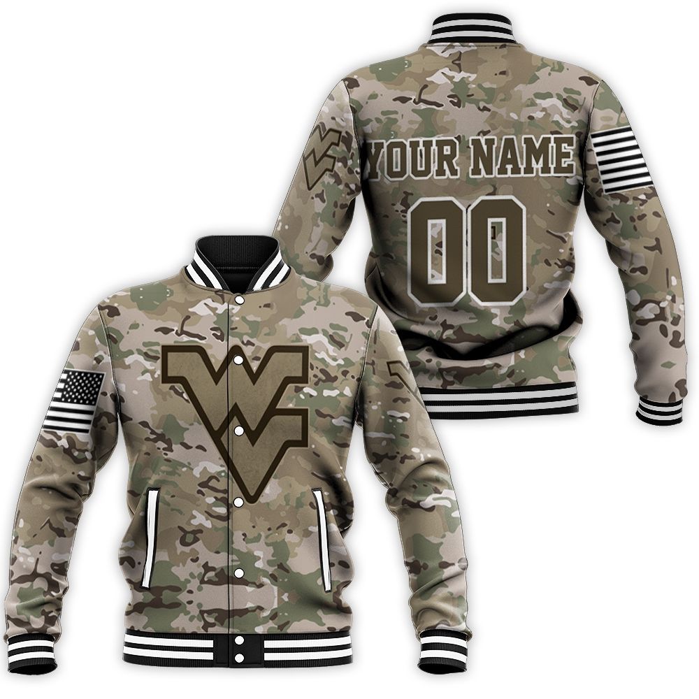 West Virginia Mountaineers Camouflage Veteran 3d Personalized Baseball Jacket