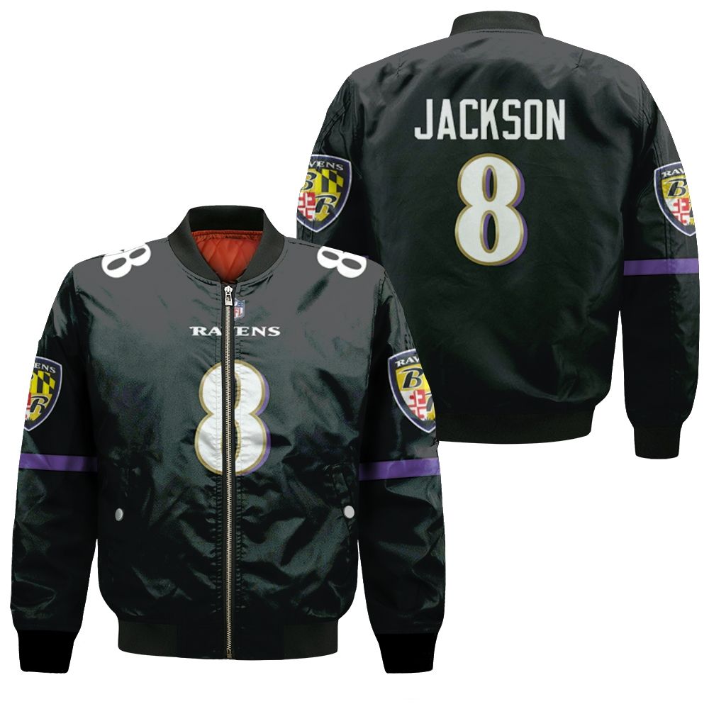 Baltimore Ravens Lamar Jackson #8 Great Player Nfl American Football Game Jersey Black 2019 3d Designed Allover Gift For Ravens Fans Bomber Jacket