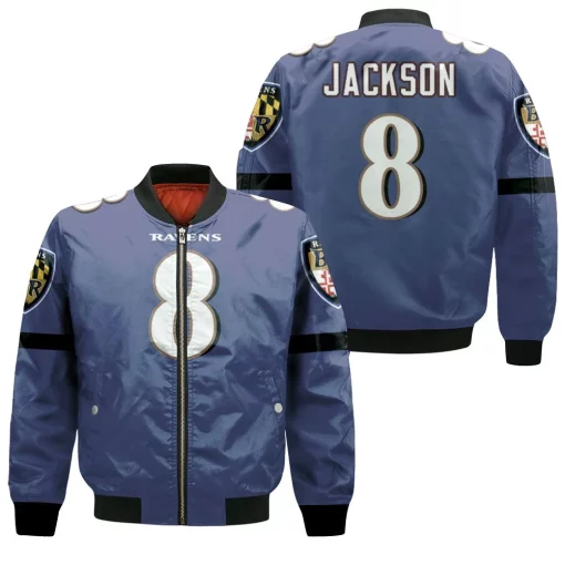 Baltimore Ravens Lamar Jackson #8 Great Player Nfl Custom Game Purple 2019 3d Designed Allover Gift For Baltimore Fans Bomber Jacket