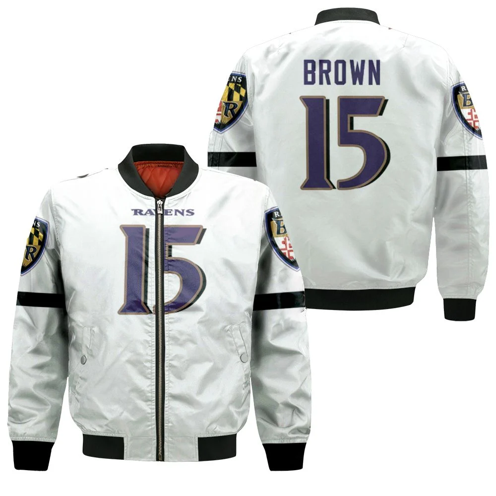 Baltimore Ravens Marquise Brown #15 Nfl Great Player White 100th Season 3d Designed Allover Gift For Baltimore Fans Bomber Jacket