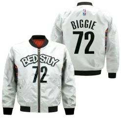 Brooklyn Nets Bed-Study Biggie #72 Nba Basketball 2020 City Edition New Arrival White 3d Designed Allover Gift For Brooklyn Fans Bomber Jacket