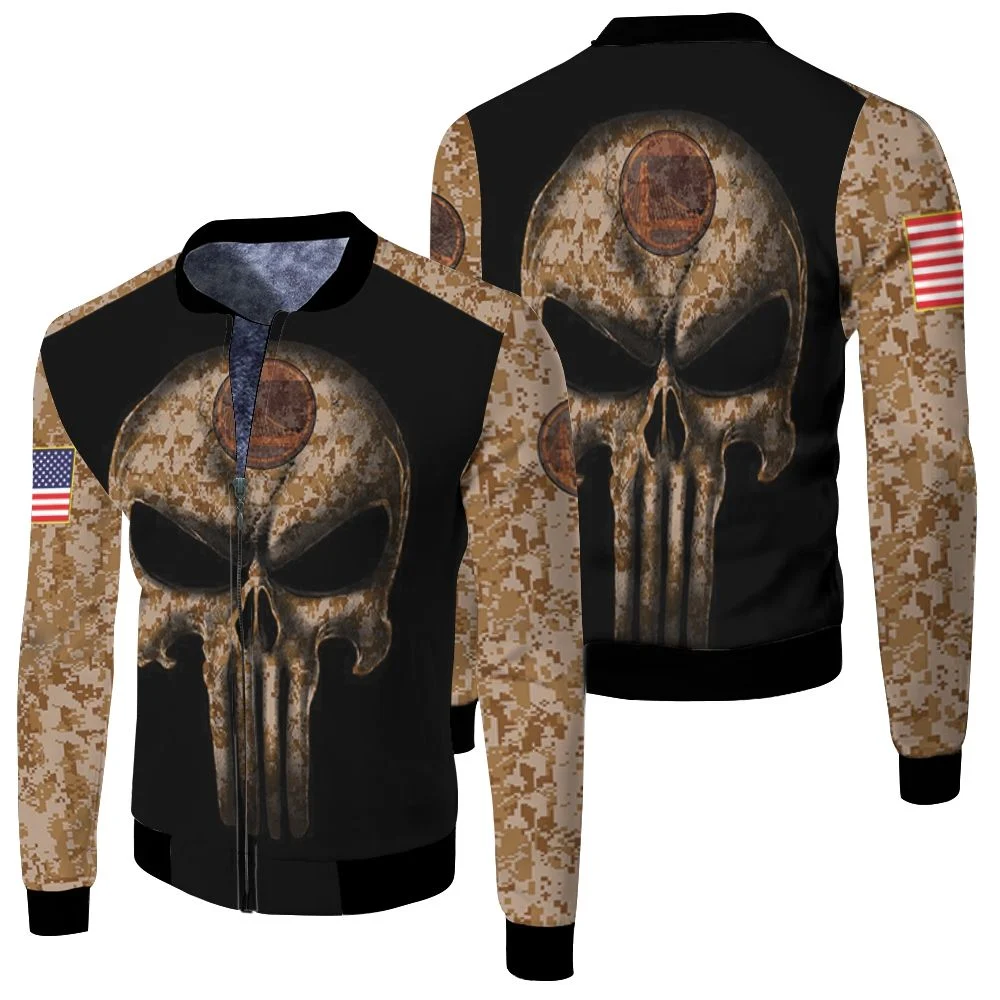 Camouflage Skull Golden State Warriors American Flag Fleece Bomber Jacket