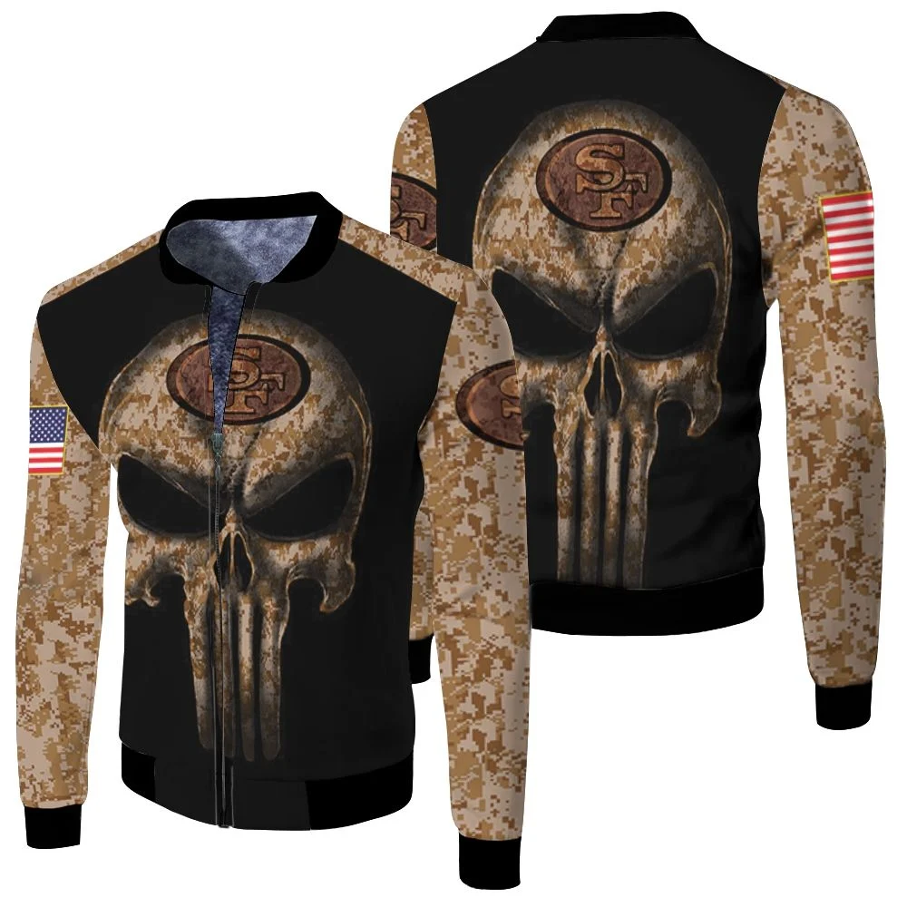 Camouflage Skull San Francisco 49ers American Flag Fleece Bomber Jacket