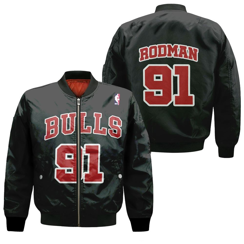 Chicago Bulls Dennis Rodman #91 Nba Great Player Throwback Black Jersey Style Gift For Bulls Fans 2 Bomber Jacket