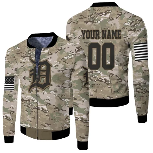 Detroit Tigers Camouflage Veteran Personalized Olive Fleece Bomber Jacket