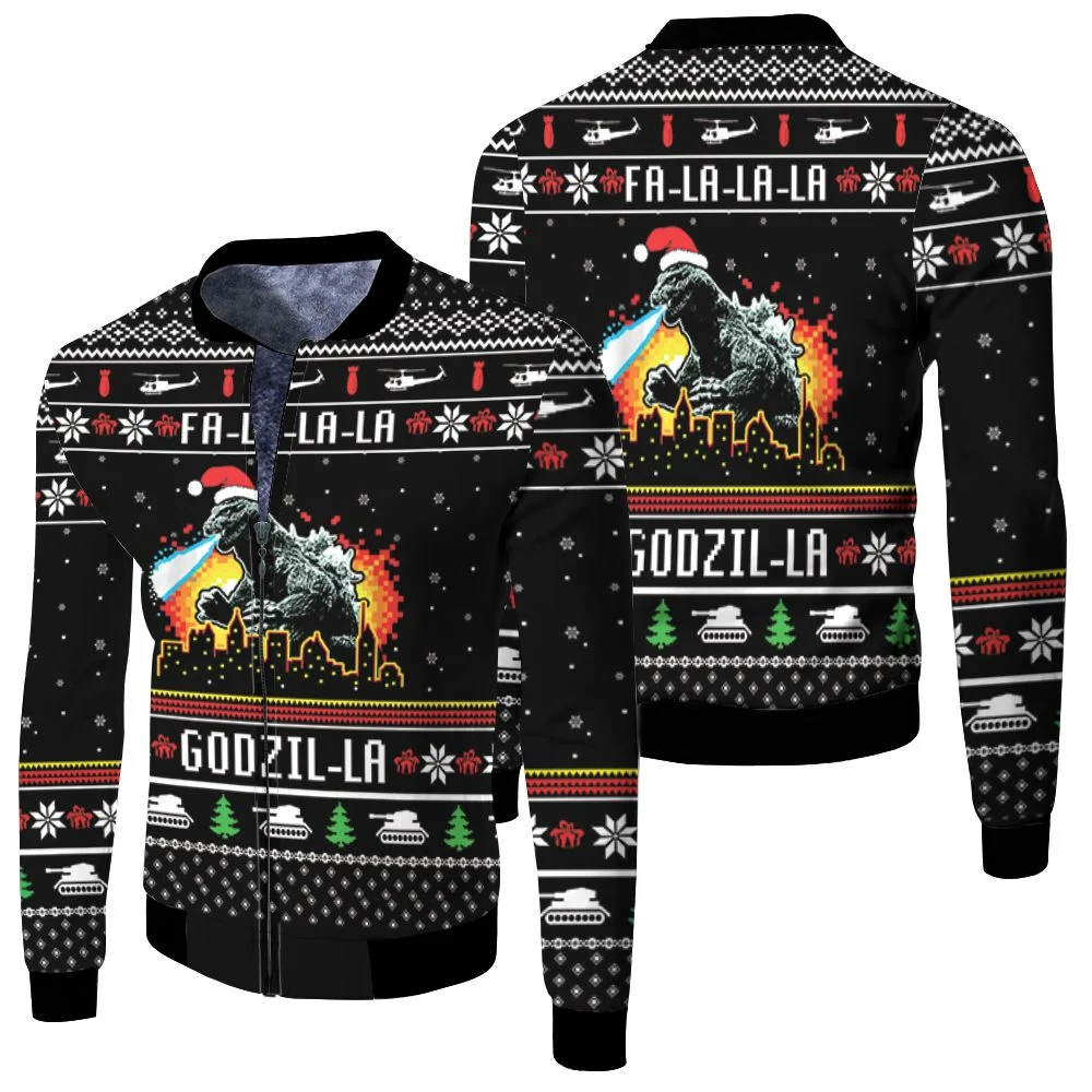 Fa La La Godzi La Godzila Christmas 3d Fleece Bomber Jacket