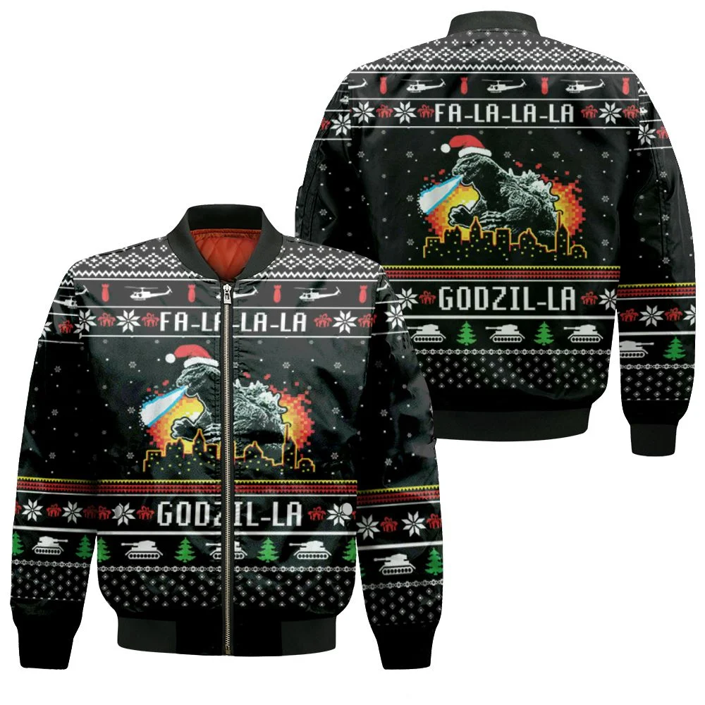 Fa La La Godzi La Godzila Christmas 3d Jersey Bomber Jacket