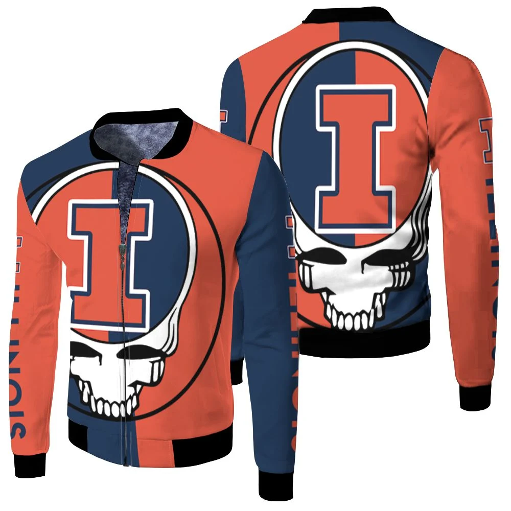 Grateful Dead Skull Illinois Fighting Illini 3d Jersey Fleece Bomber Jacket