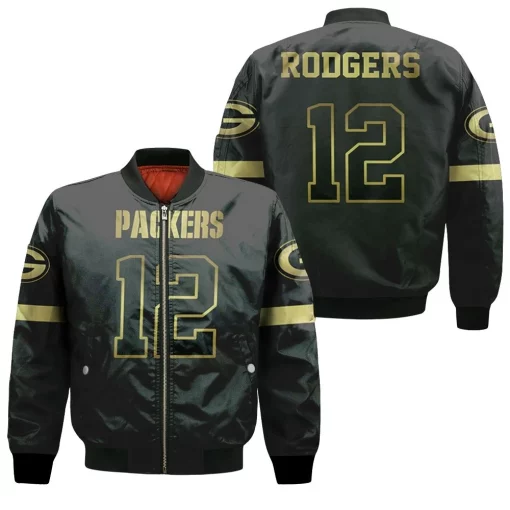 Green Bay Packers 12 Aaron Rodgers Black Golden Edition Jersey Inspired Bomber Jacket