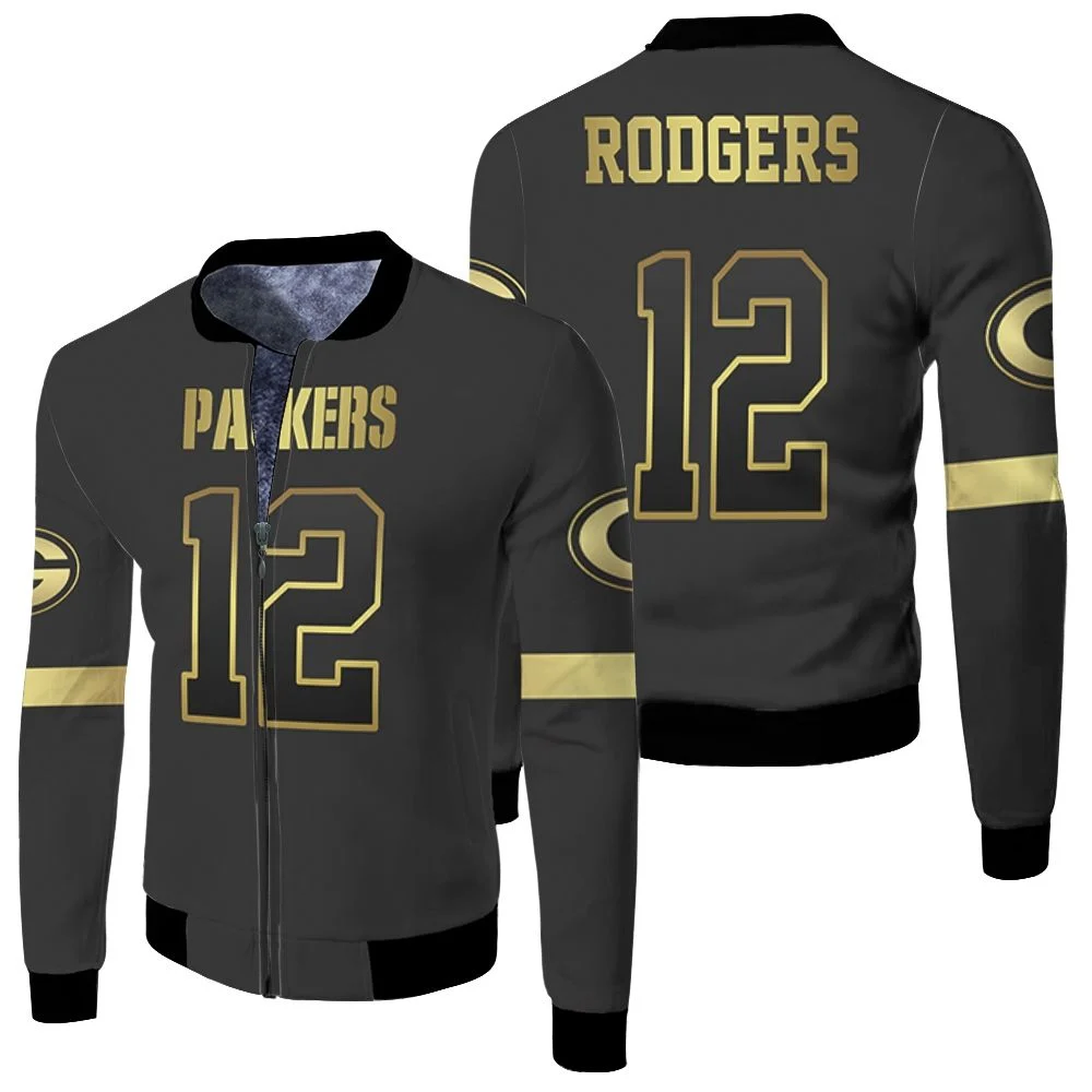 Green Bay Packers 12 Aaron Rodgers Black Golden Edition Jersey Inspired Fleece Bomber Jacket