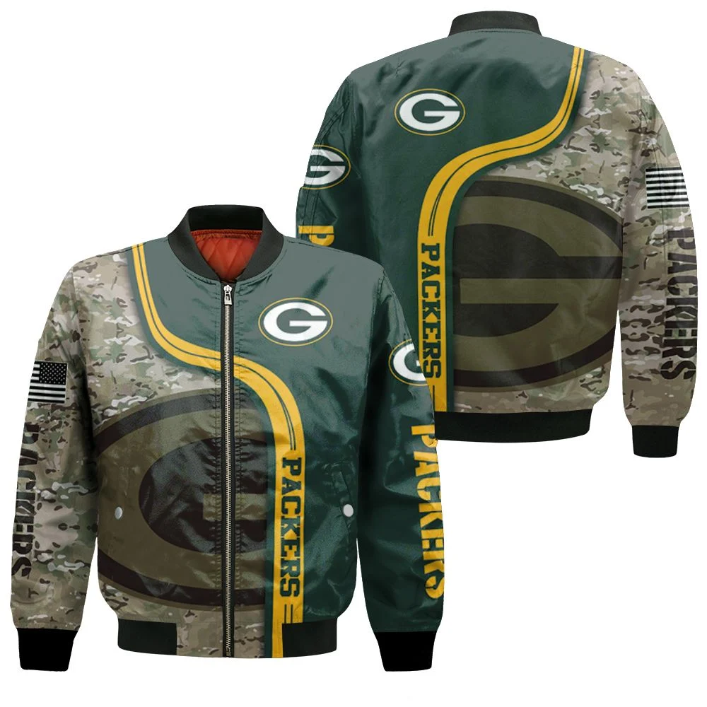 Green Bay Packers Camouflage Pattern American Flag 3d Jersey Bomber Jacket