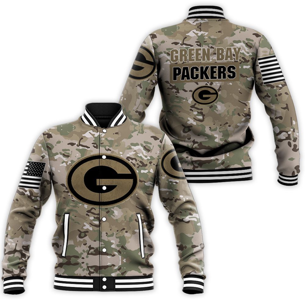 Green Bay Packers Camouflage Veteran 3d Jersey Baseball Jacket