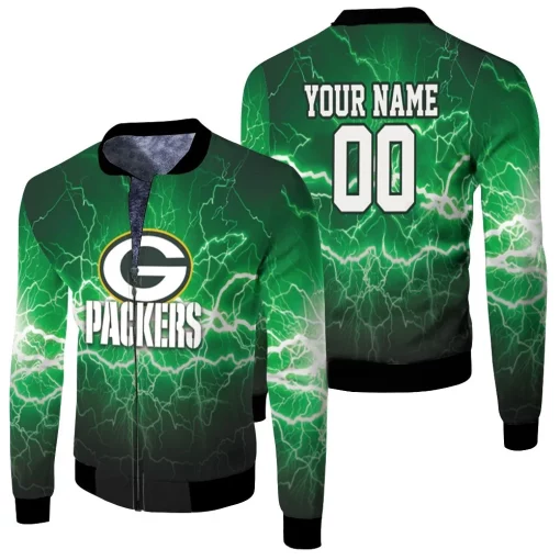 Green Bay Packers Lightning Green 3d Personalized Fleece Bomber Jacket