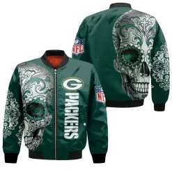 Green Bay Packers Nlf Fan Sugar Skull 3d Jersey Bomber Jacket