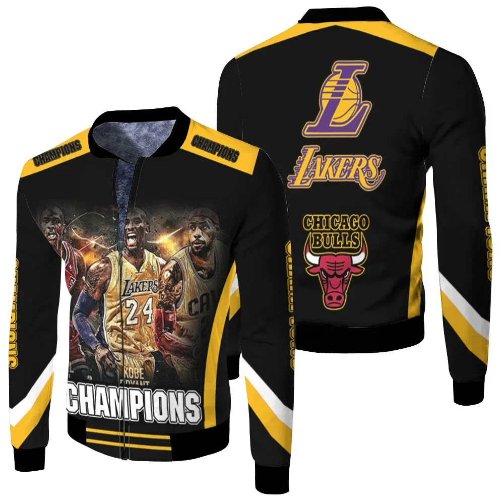 Kobe Bryant Michael Jordan Lebron James Champions Los Angeles Lakers Chicago Bulls 3d Printed Fleece Bomber Jacket
