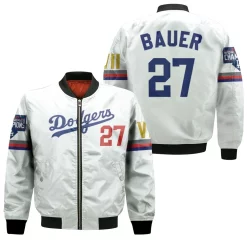 Los Angeles Dodgers Bauer 27 2020 Championship Golden Edition White Jersey Inspired Style Bomber Jacket