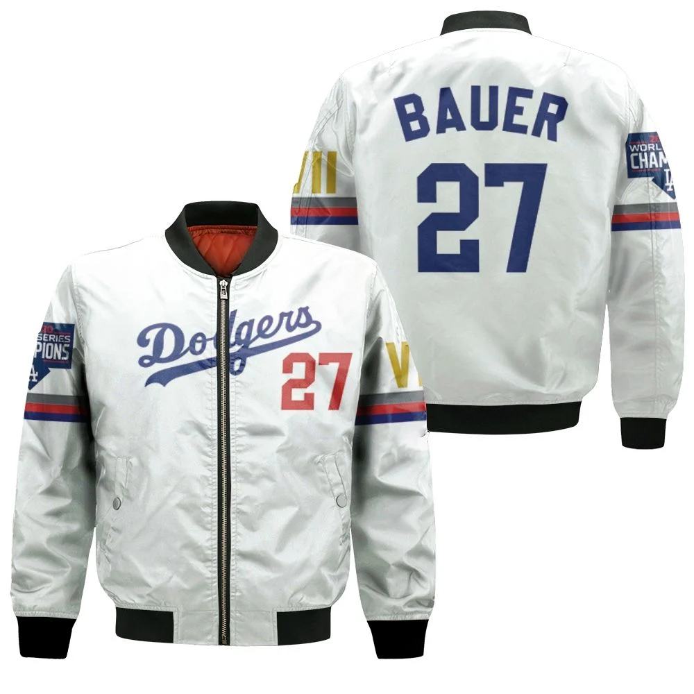 Los Angeles Dodgers Bauer 27 2020 Championship Golden Edition White Jersey  Inspired Style Bomber Jacket – Teepital – Everyday New Aesthetic Designs
