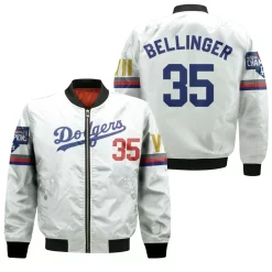 Los Angeles Dodgers Bellinger 35 2020 Championship Golden Edition White Jersey Inspired Style Bomber Jacket