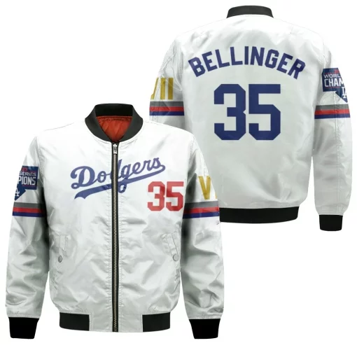 Los Angeles Dodgers Bellinger 35 2020 Championship Golden Edition White Jersey Inspired Style Bomber Jacket