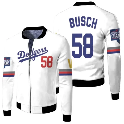 Los Angeles Dodgers Busch 58 2020 Championship Golden Edition White Jersey Inspired Style Fleece Bomber Jacket