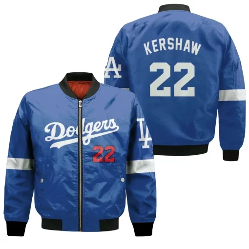 Los Angeles Dodgers Clayton Kershaw 22 2020 Mlb Navy Blue Jersey Inspired Bomber Jacket