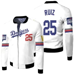 Los Angeles Dodgers Ruiz 25 2020 Championship Golden Edition White Jersey Inspired Style Fleece Bomber Jacket