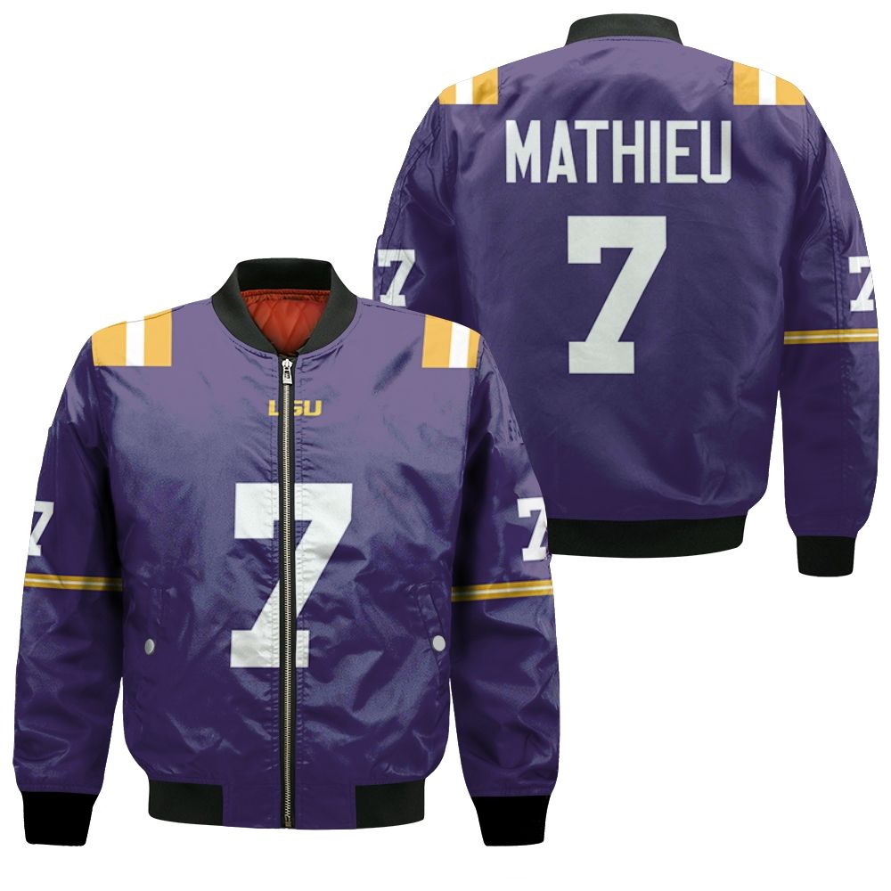 Lsu Tigers And Lady Tigers Lsu Tigers Tyrann Mathieu #7 College University Football Purple 3d Designed Allover Gift For Lsu Fans Bomber Jacket