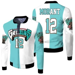 Memphis Grizzlies Ja Morant 12 White & Teal Jersey Inspired Fleece Bomber Jacket