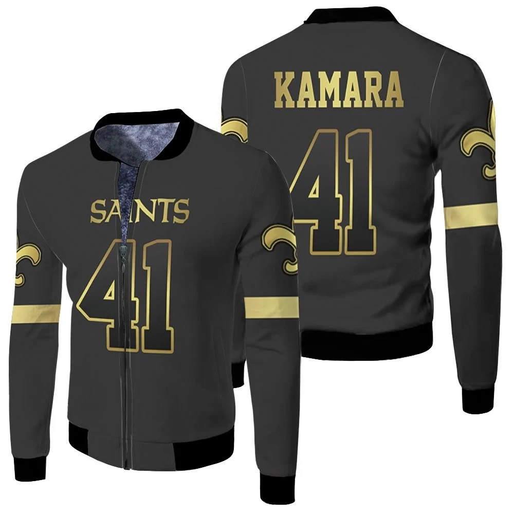 New Orleans Saints 41 Alvin Kamara Black Golden Edition Jersey Inspired Style Fleece Bomber Jacket