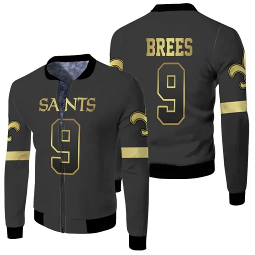 New Orleans Saints 9 Drew Brees Black Golden Edition Jersey Inspired Fleece Bomber Jacket