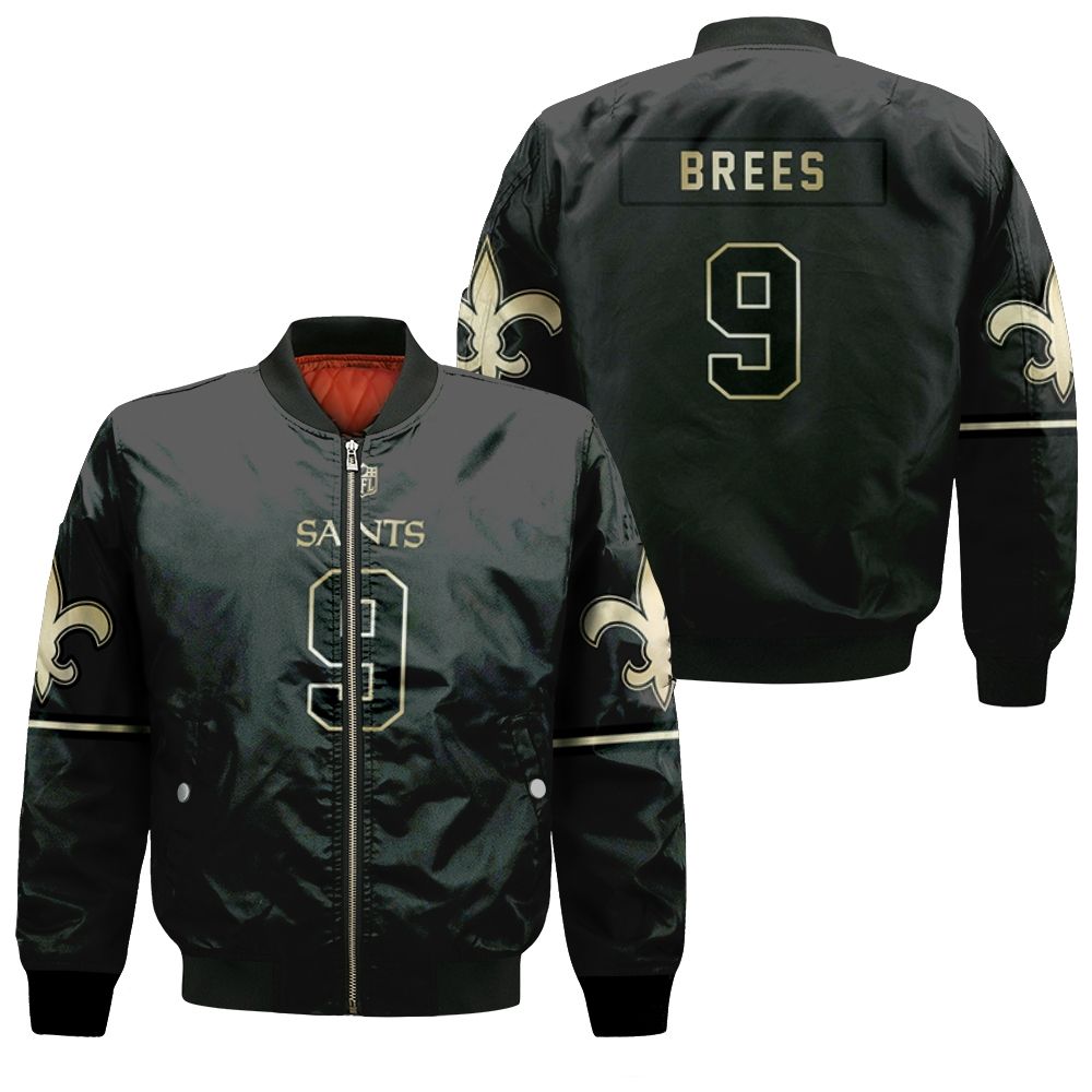 New Orleans Saints 9 Drew Brees Black Golden Edition Mens Jersey Inspired Bomber Jacket