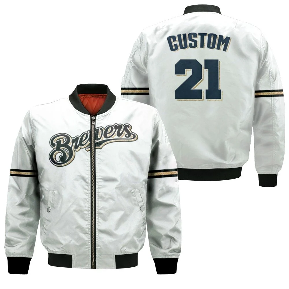 Personalized Milwaukee Brewers White Jersey Inspired Style Bomber Jacket
