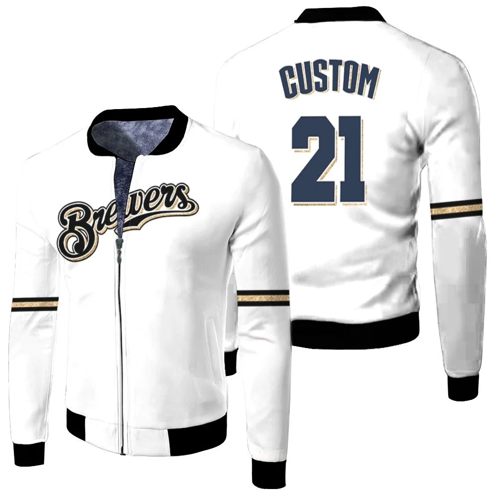 Personalized Milwaukee Brewers White Jersey Inspired Style Fleece Bomber Jacket