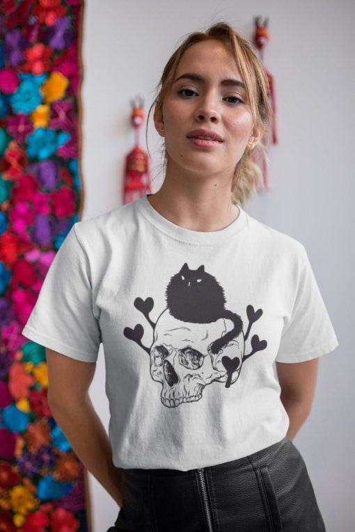 Poofy Black Cat On Skull Unisex Jersey Short Sleeve Tee Shirt