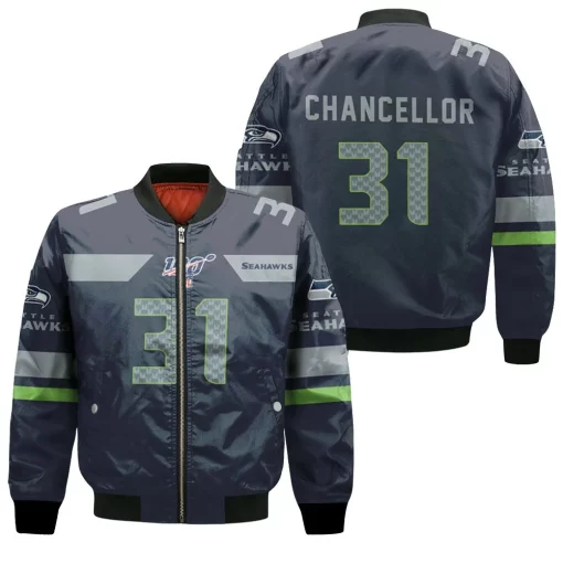 Seattle Seahawks Kam Chancellor #31 Nfl American Football Navy 100th Season 3d Designed Allover Gift For Seahawks Fans Bomber Jacket