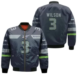 Seattle Seahawks Russell Wilson #3 Nfl American Football Navy 100th Season 3d Designed Allover Gift For Seahawks Fans Bomber Jacket