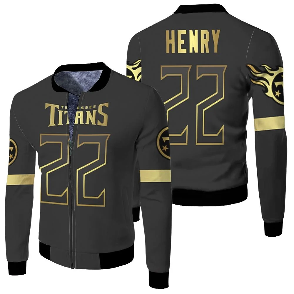 Tennessee Titans 22 Derrick Henry Black Golden Edition Jersey Inspired Fleece Bomber Jacket