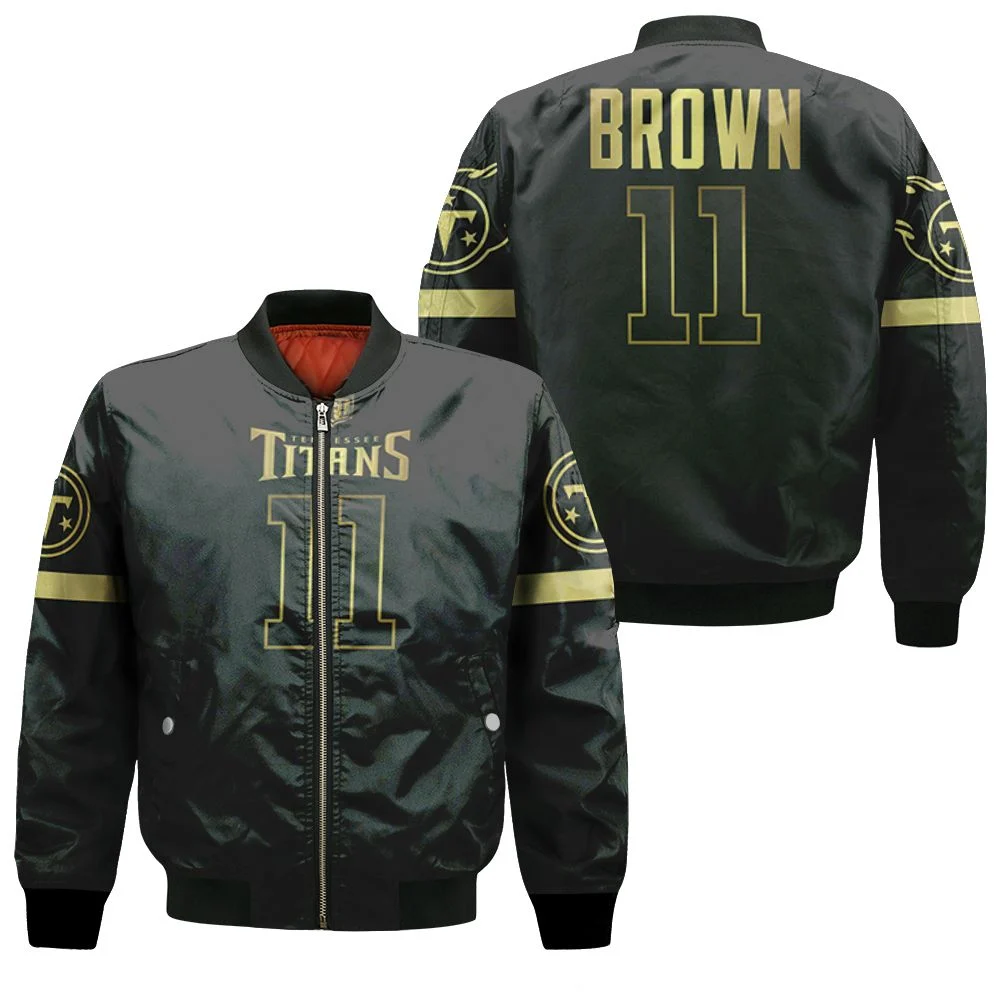 Tennessee Titans A J Brown #11 Nfl America Football Team Logo Black Golden Edition 3d Designed Allover Gift For Titans Fans Bomber Jacket