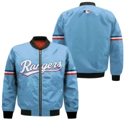 Texas Rangers 2020 Mlb Team Light Blue Jersey Inspired Style Bomber Jacket