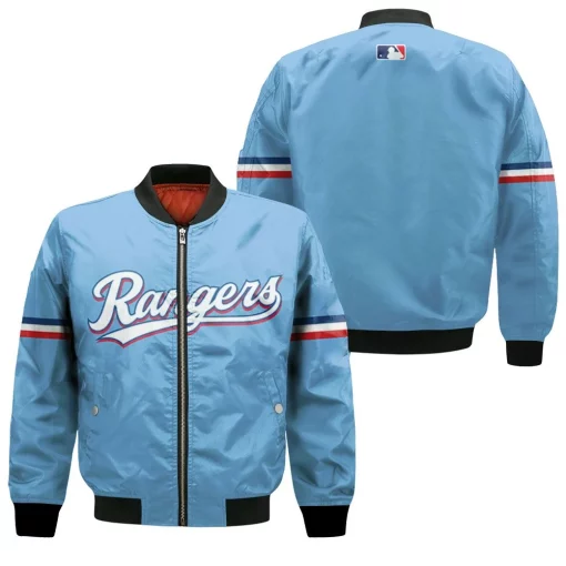 Texas Rangers 2020 Mlb Team Light Blue Jersey Inspired Style Bomber Jacket