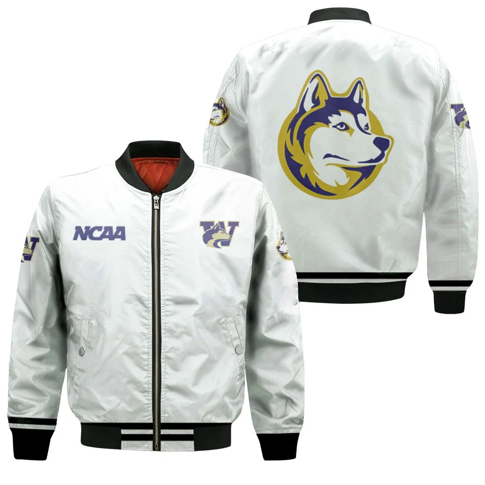 Washington Huskies Ncaa Classic White With Mascot Logo Gift For Washington Huskies Fans Bomber Jacket