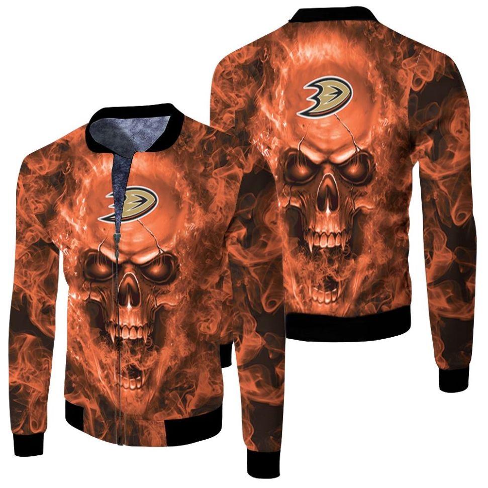 Anaheim Ducks Nhl Fans Skull Fleece Bomber Jacket