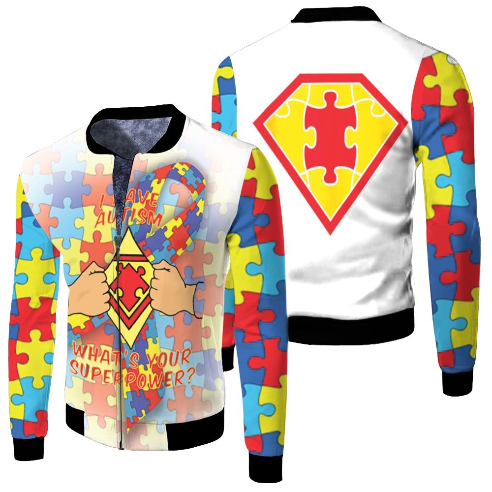 Autism Support Super Hero Puzzle Piece Fleece Bomber Jacket
