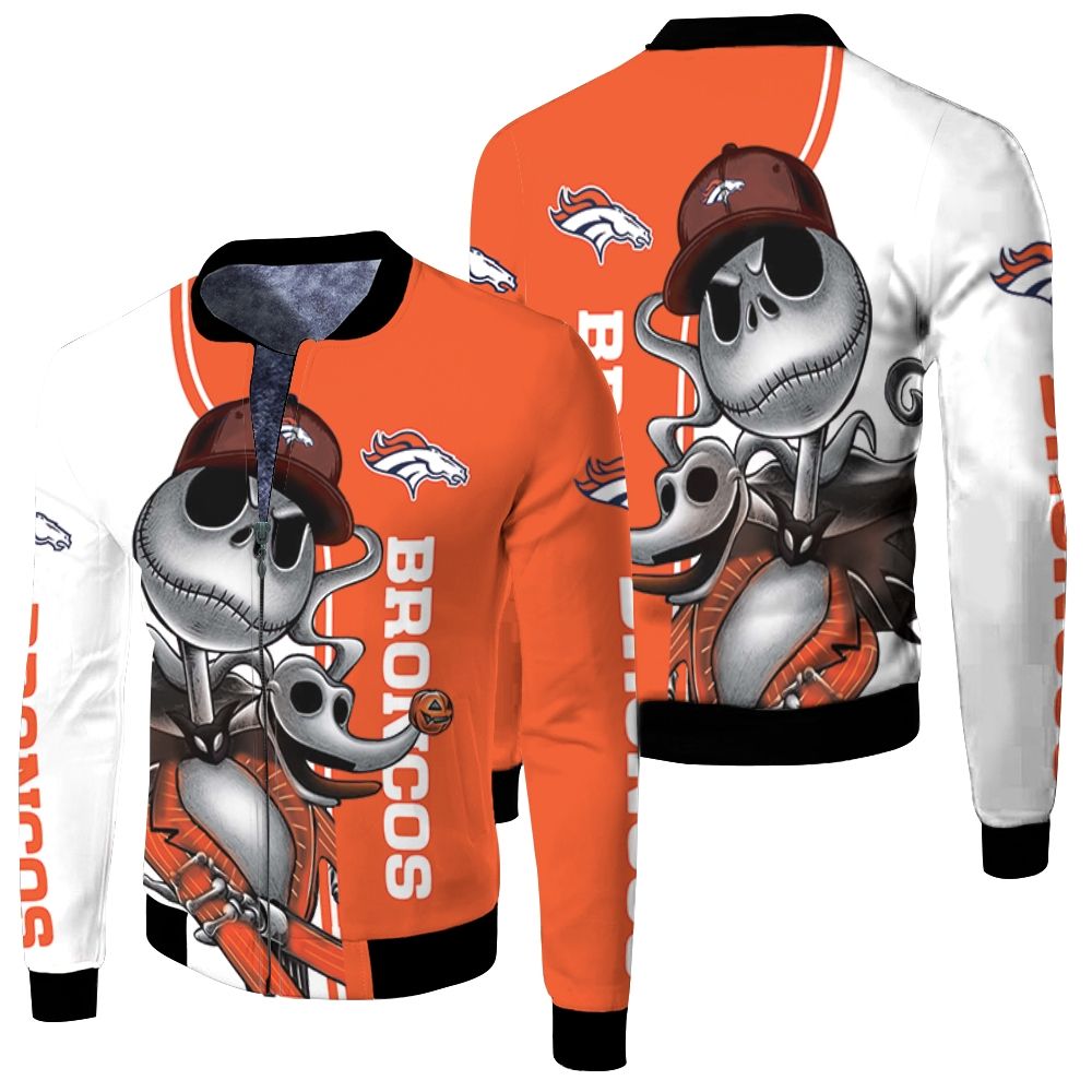 Denver Broncos Jack Skellington And Zero Fleece Bomber Jacket