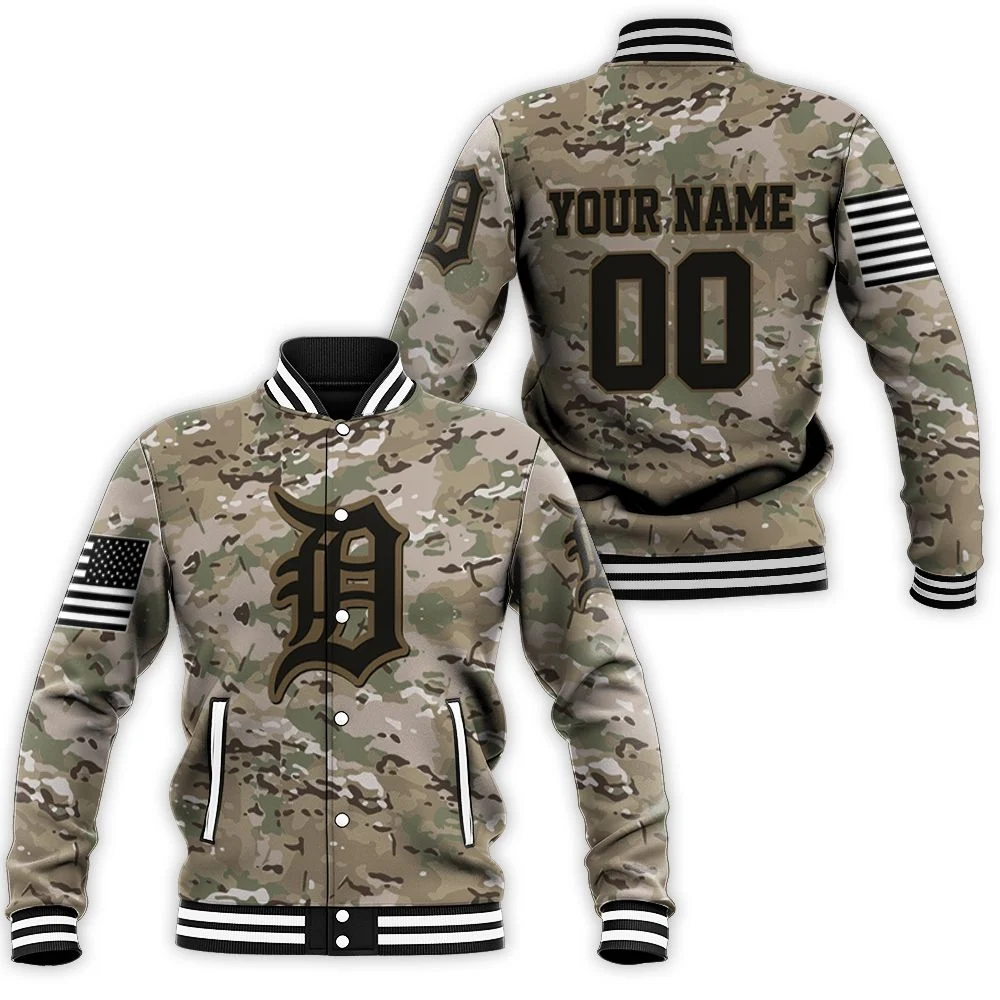 Detroit Tigers Camouflage Veteran Personalized Olive Baseball Jacket