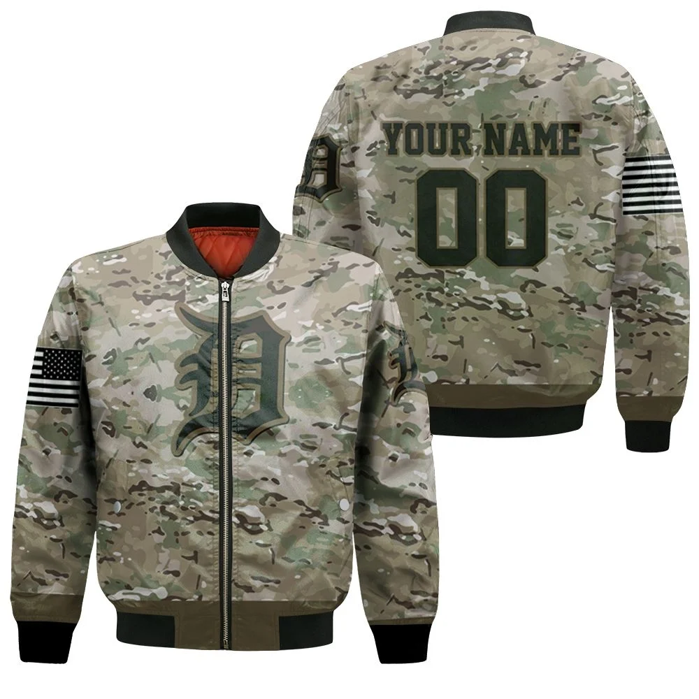 Detroit Tigers Camouflage Veteran Personalized Olive Bomber Jacket